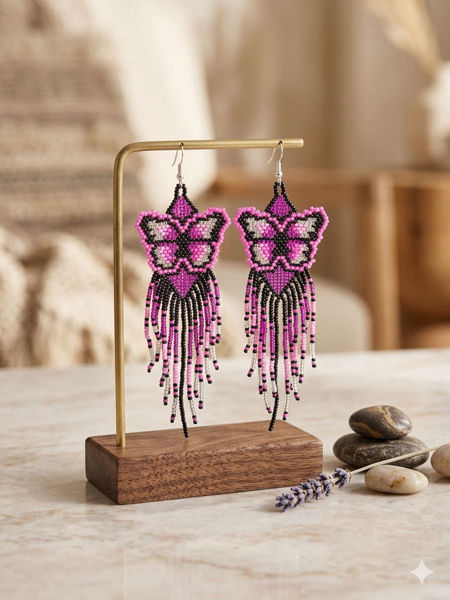 Boucles d'oreilles Ailes dansantes perles roses / violettes