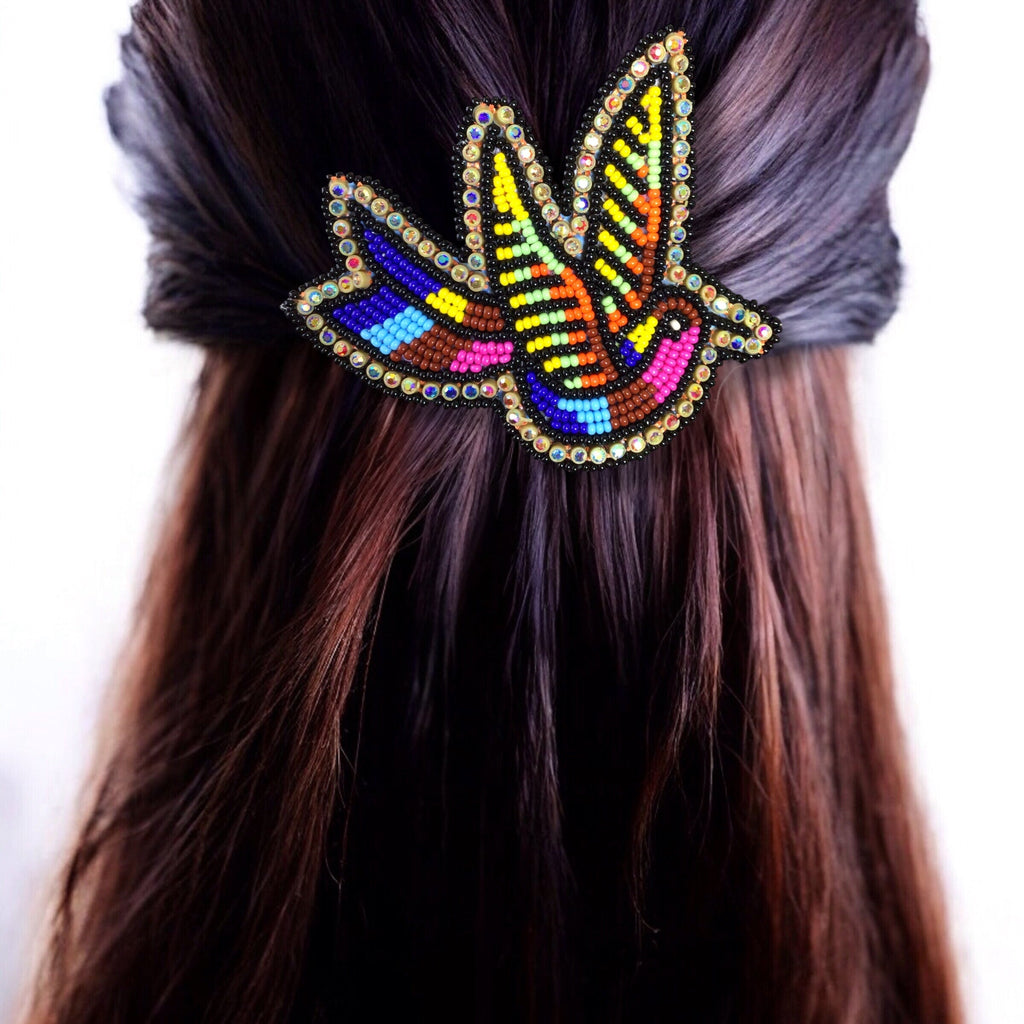 Barrette Colibri Perles Bleues et Roses
