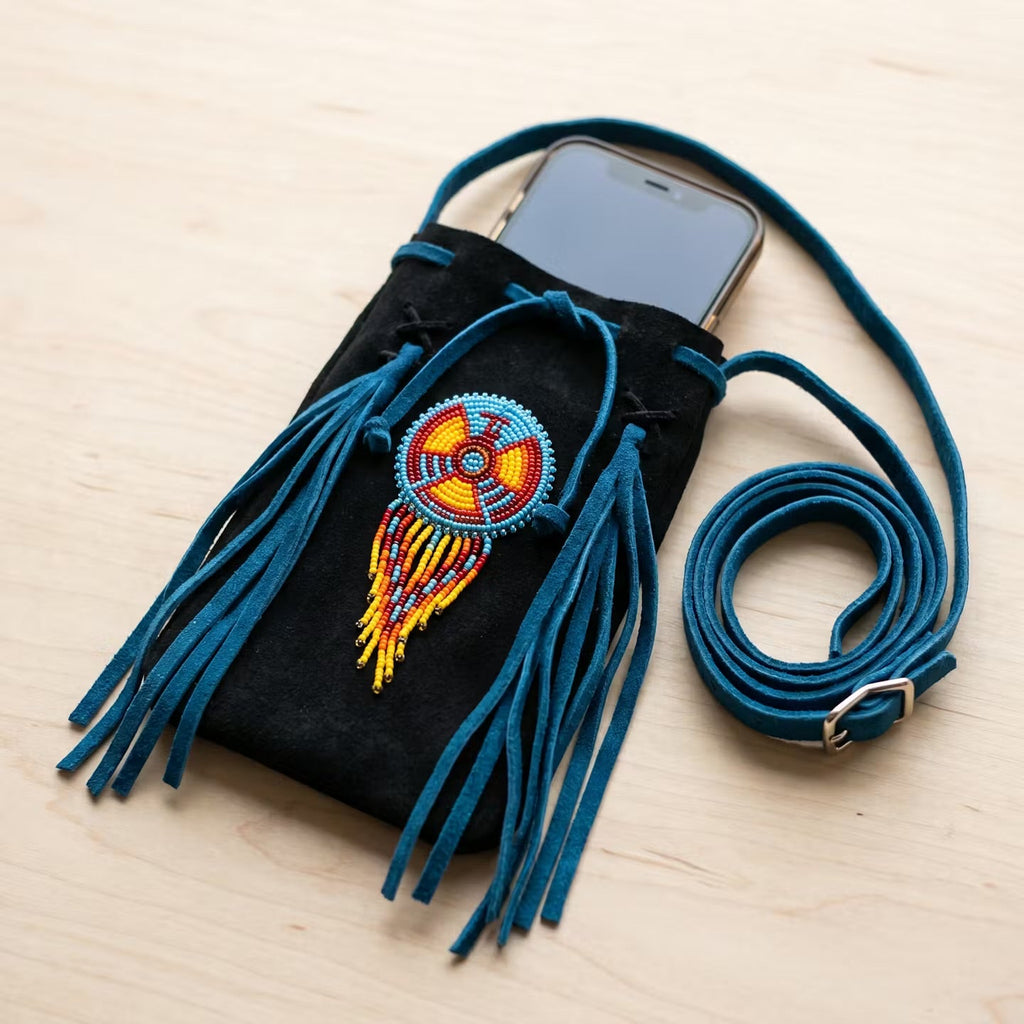 Beaded Suede Phone Pouch ~ Black turquoise