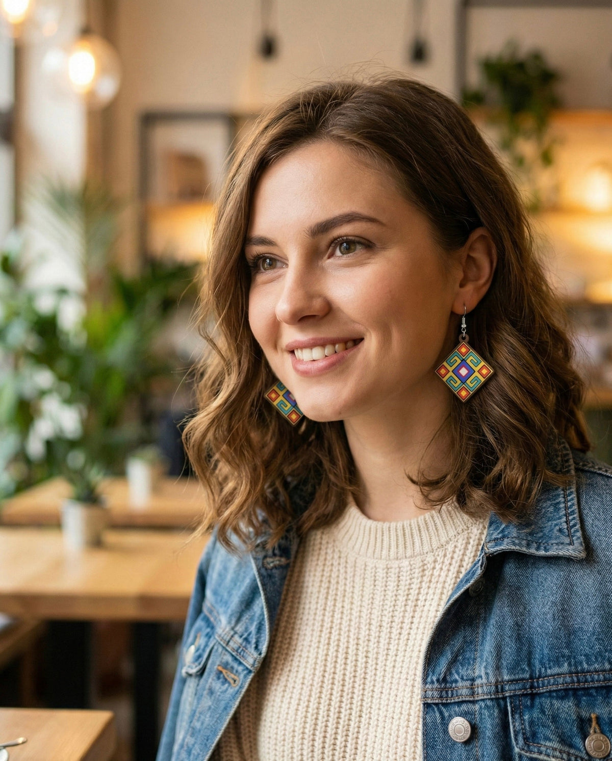 Boucles d'oreilles en bois OLDTRIBES™ peintes bleues et moutarde en forme de losange