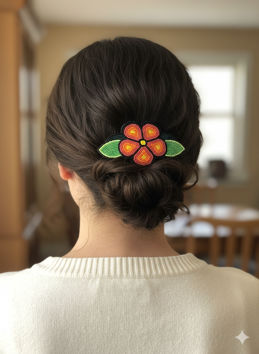 Barrette à fleurs perlée pêche