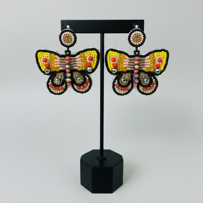 Boucles d'oreilles papillon perlées - Jaune et orange