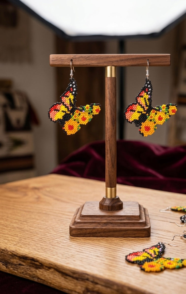 Boucles d'oreilles papillon dansant, perles rouges et jaunes