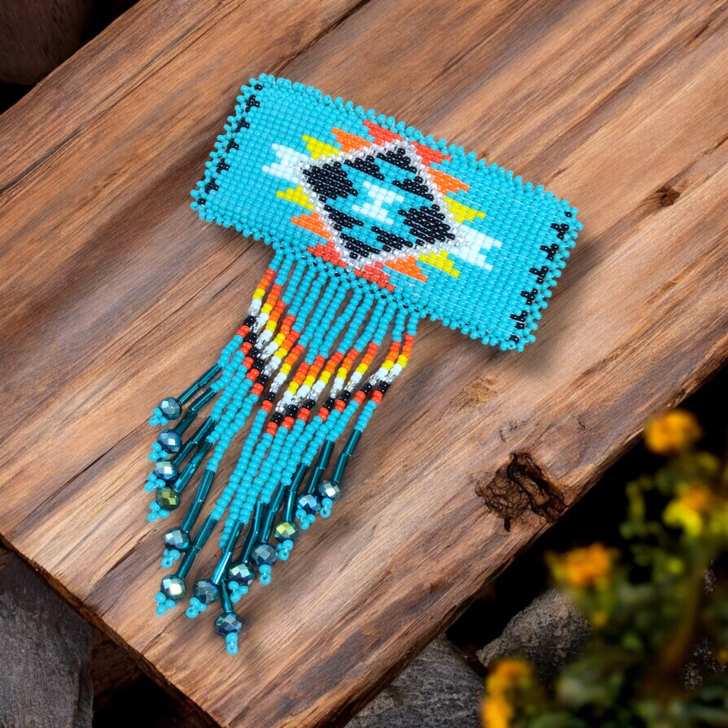 Barrette rectangulaire à franges – Turquoise et jaune