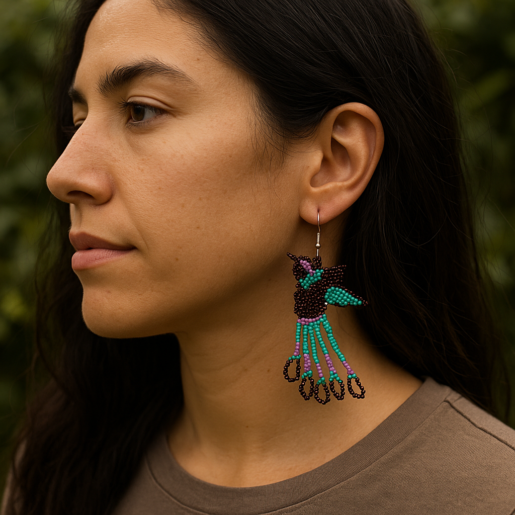 Boucles d'oreilles colibri perlées faites à la main – Turquoise et violet