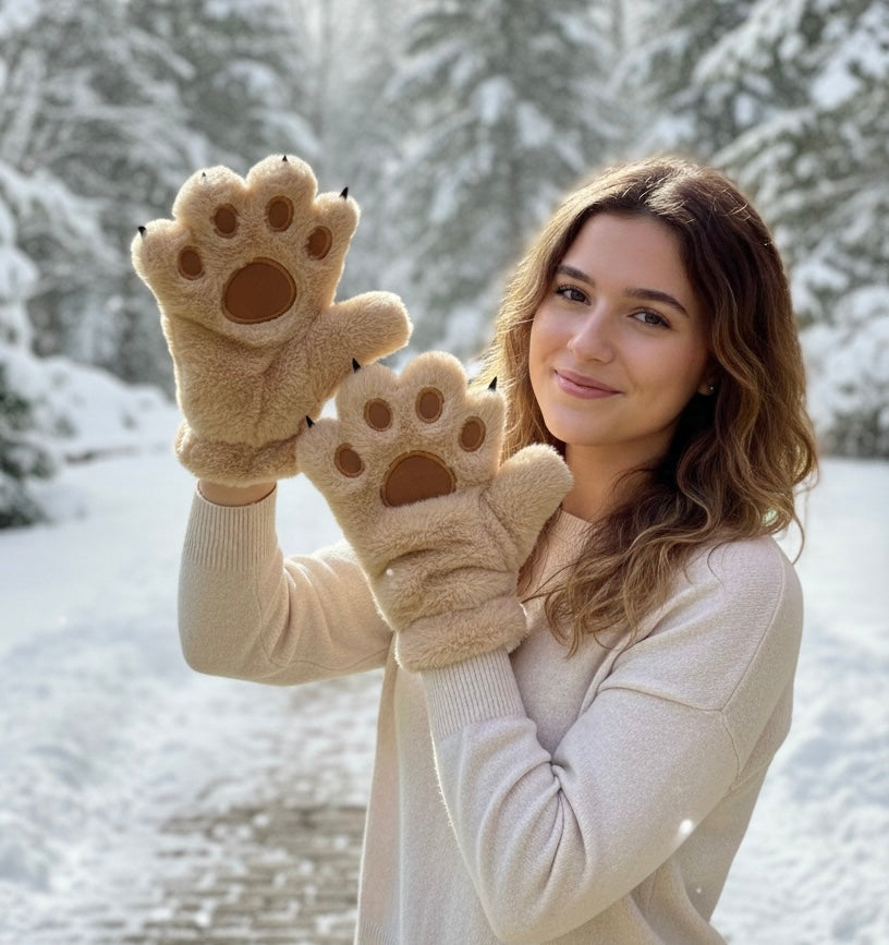 Gants en peluche douce en forme de patte d'ours marron