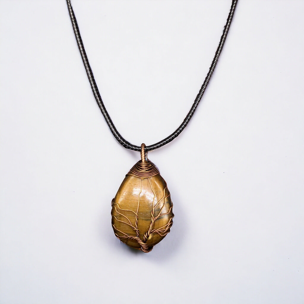 Pendentif en pierre précieuse œil de tigre doré jaune enroulé d'un arbre de vie en bronze