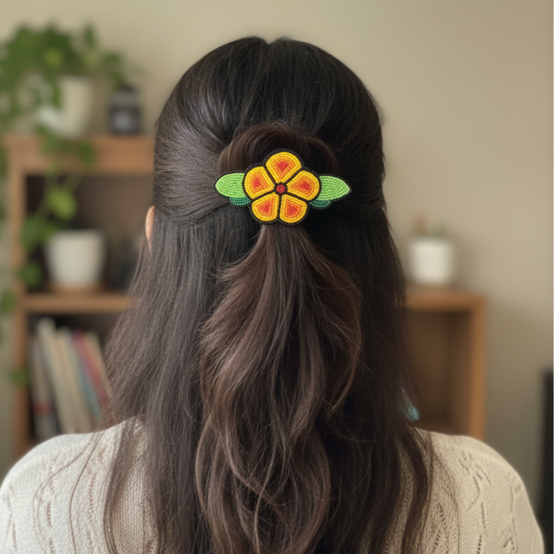 Barrette fleur à perles rouges et jaunes