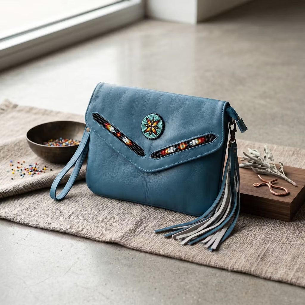 Sac bandoulière en cuir perlé (turquoise)
