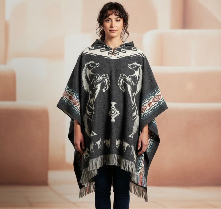 Poncho en Laine Fait Main Chevaux