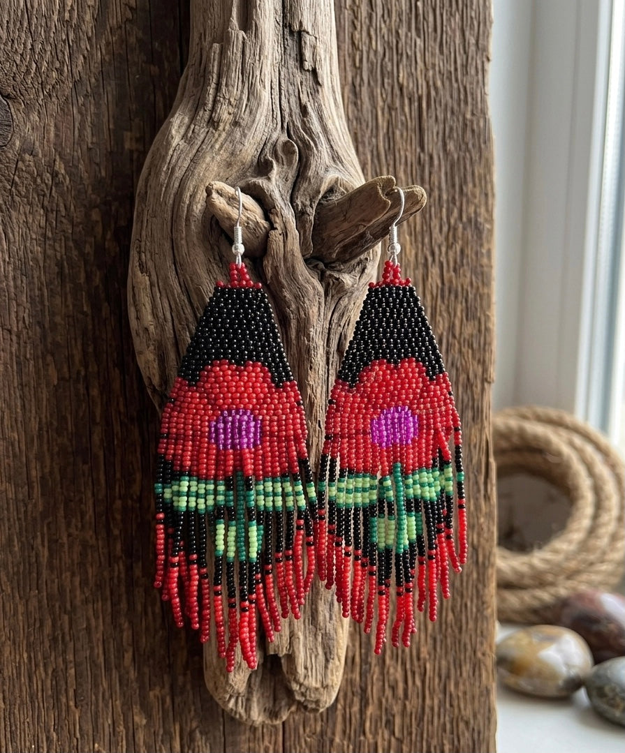 Flower Beaded Earrings ( Red )