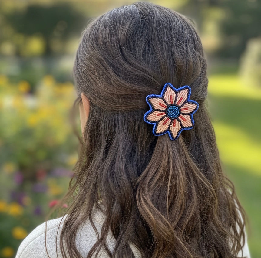 Barrette fleur en perles pêche