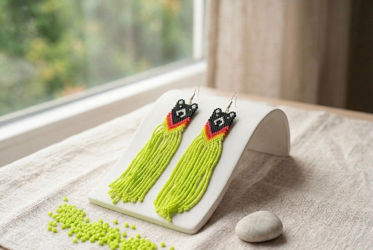Boucles d'oreilles perlées Ours Natif Vert-Jaune