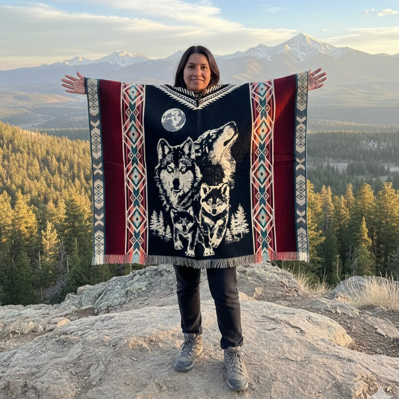 Poncho en laine fait main Loup avec louveteau