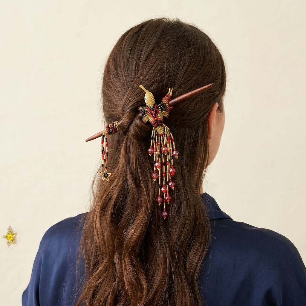 Pique à cheveux perlé colibri rouge et noir