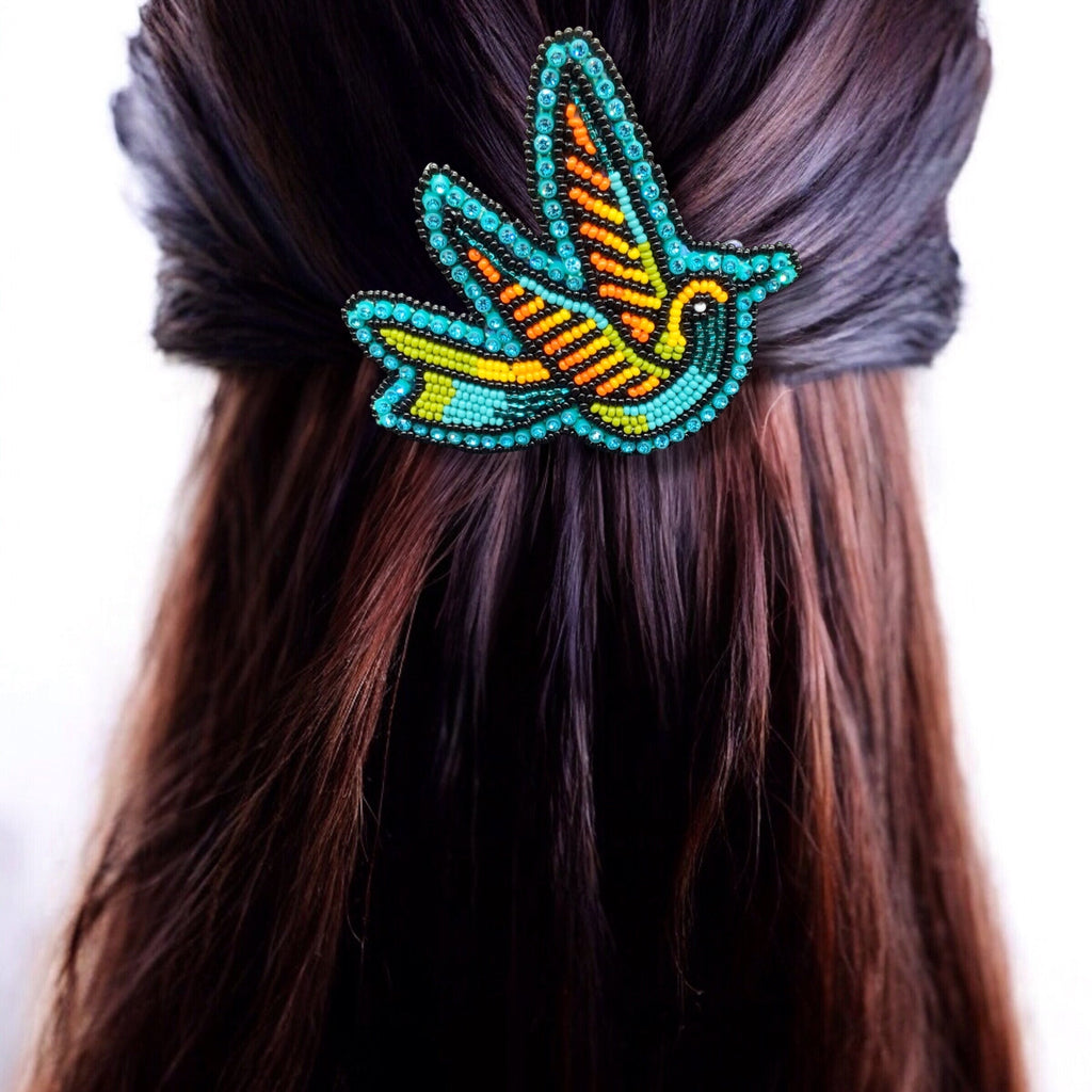 Barrette colibri perlée turquoise et orange