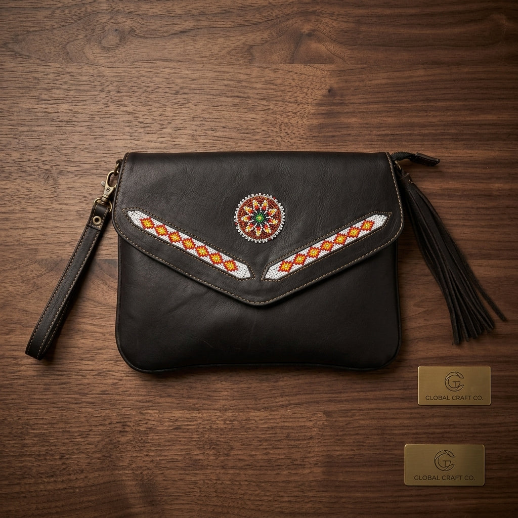 Sac bandoulière en cuir avec perles (marron chocolat)