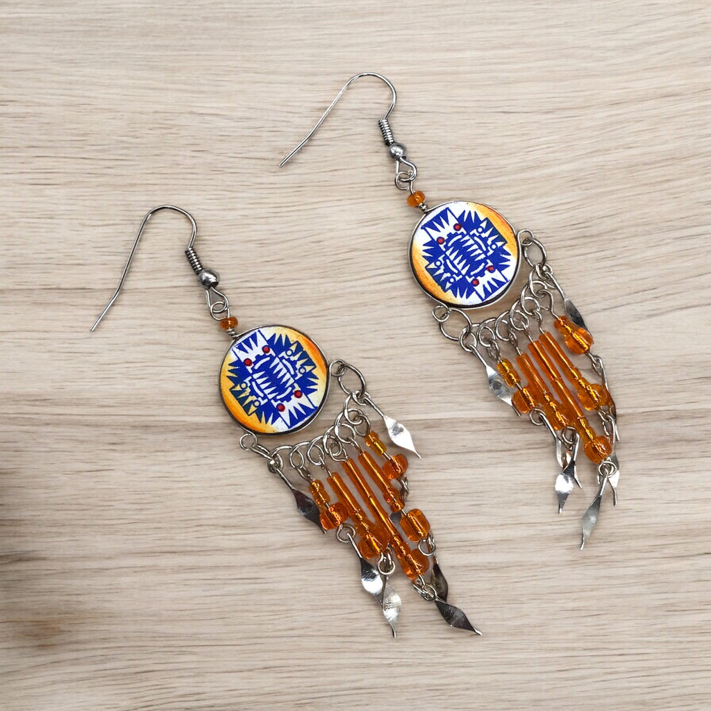 Boucles d'oreilles pendantes rondes orange et bleues de style sud-ouest