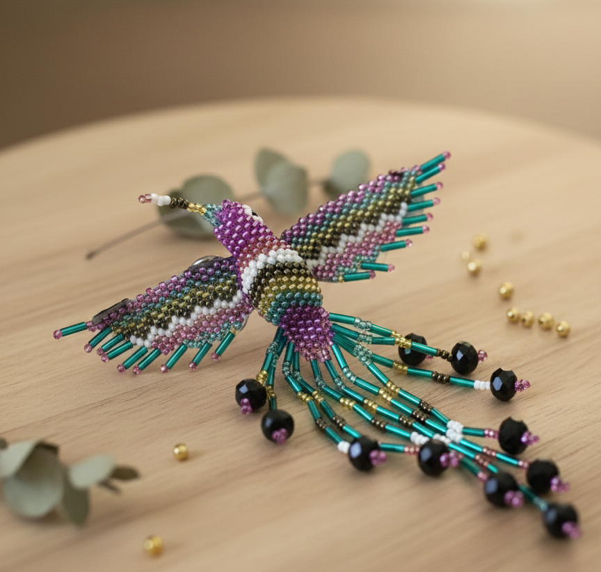 Barrette colibri violette et vert clair à franges