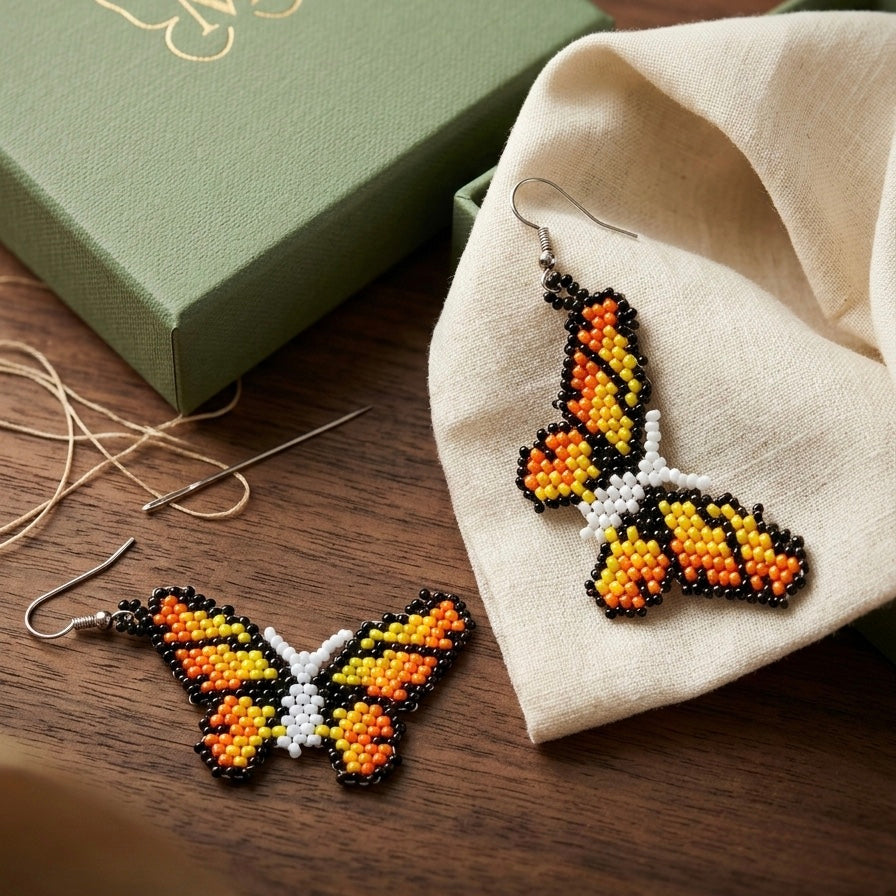 Boucles d'oreilles papillon perlé blanc et noir