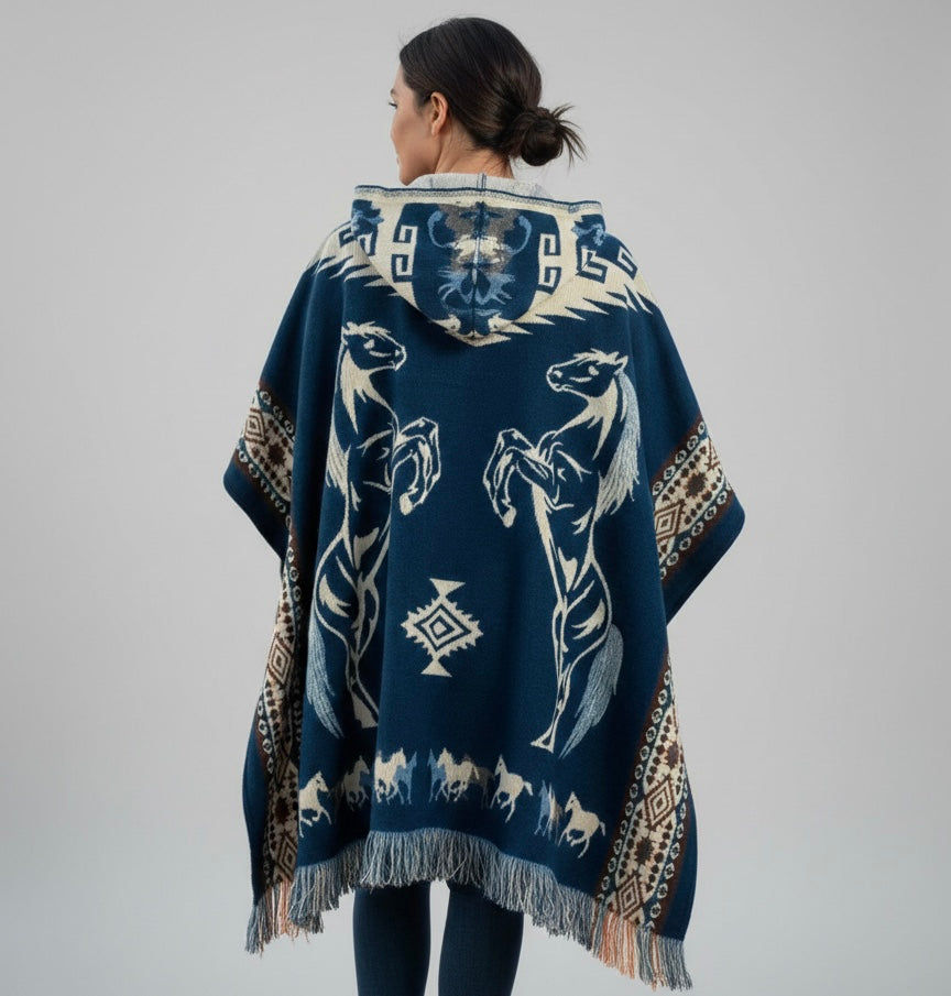 Poncho en Laine Fait Main Chevaux