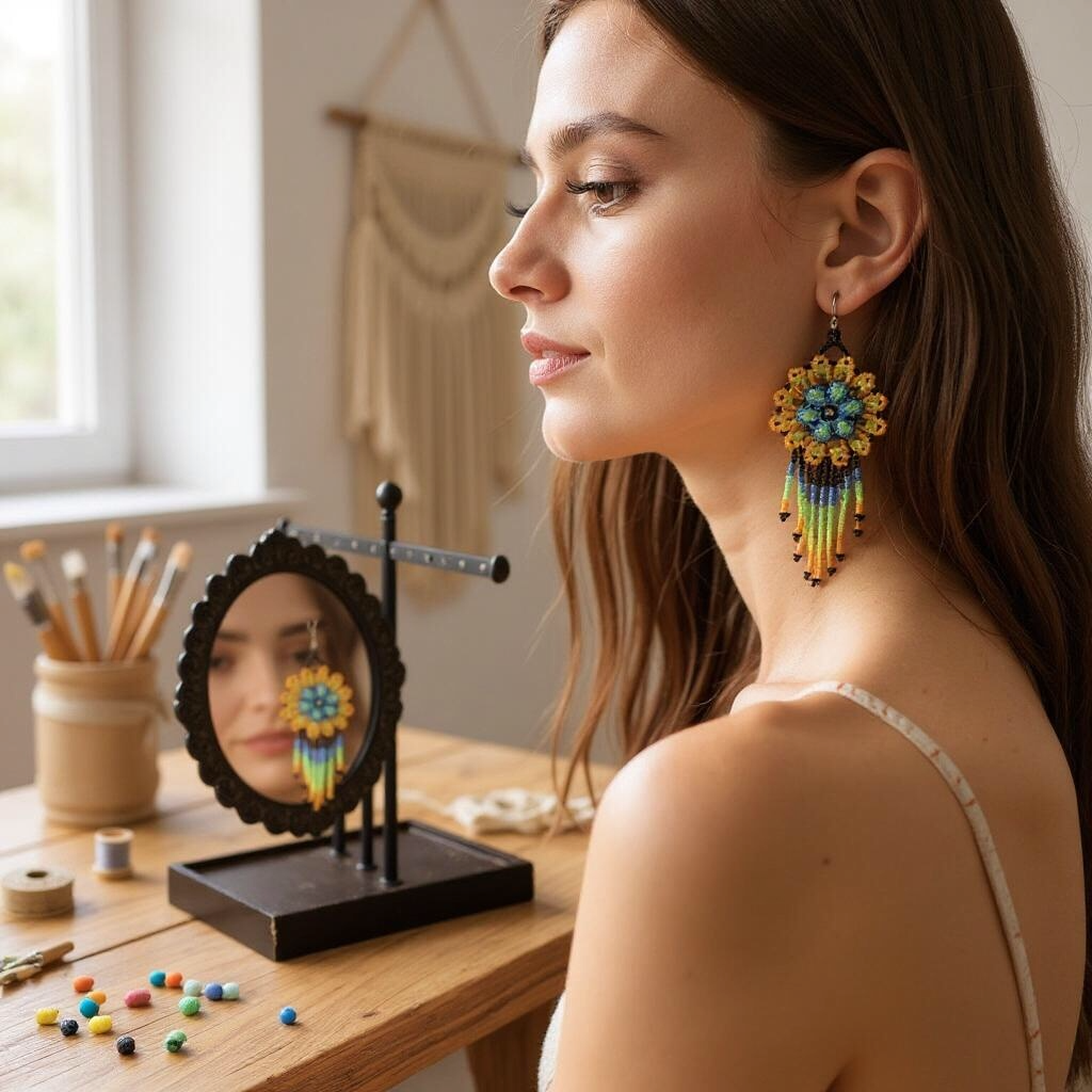 Green Blue Flower beaded Earrings