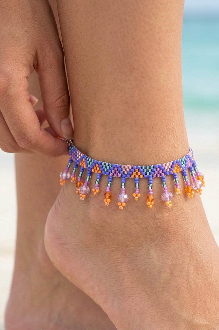 Chevillère perlée bleue et orange