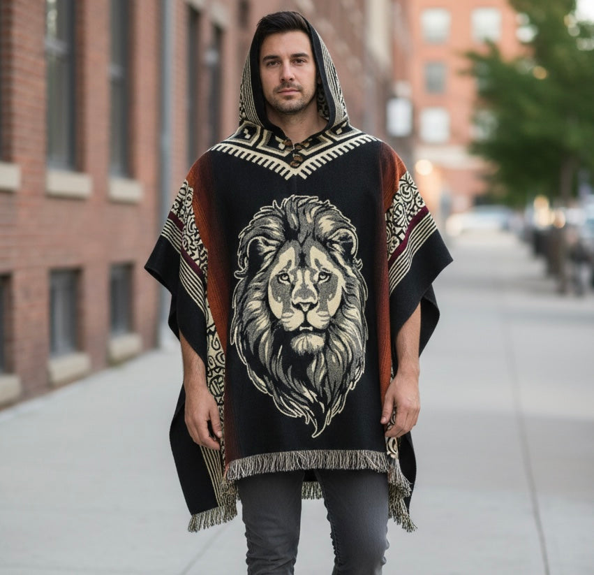 Poncho en Laine Fait Main Tête de Lion