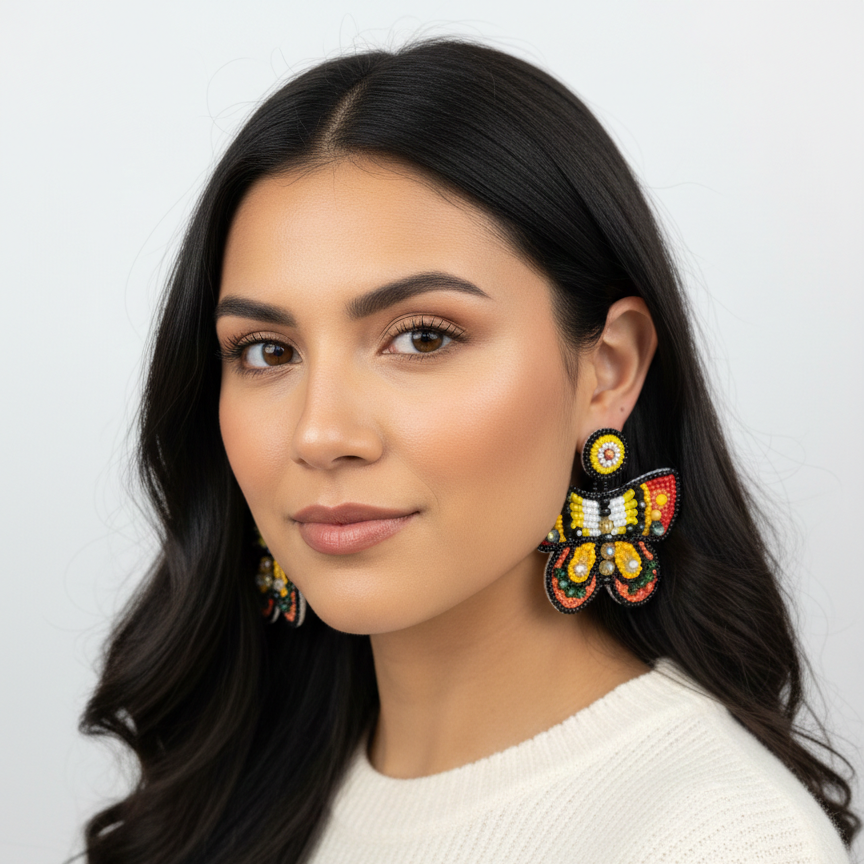 Butterfly Beaded Earrings - Red and Yellow