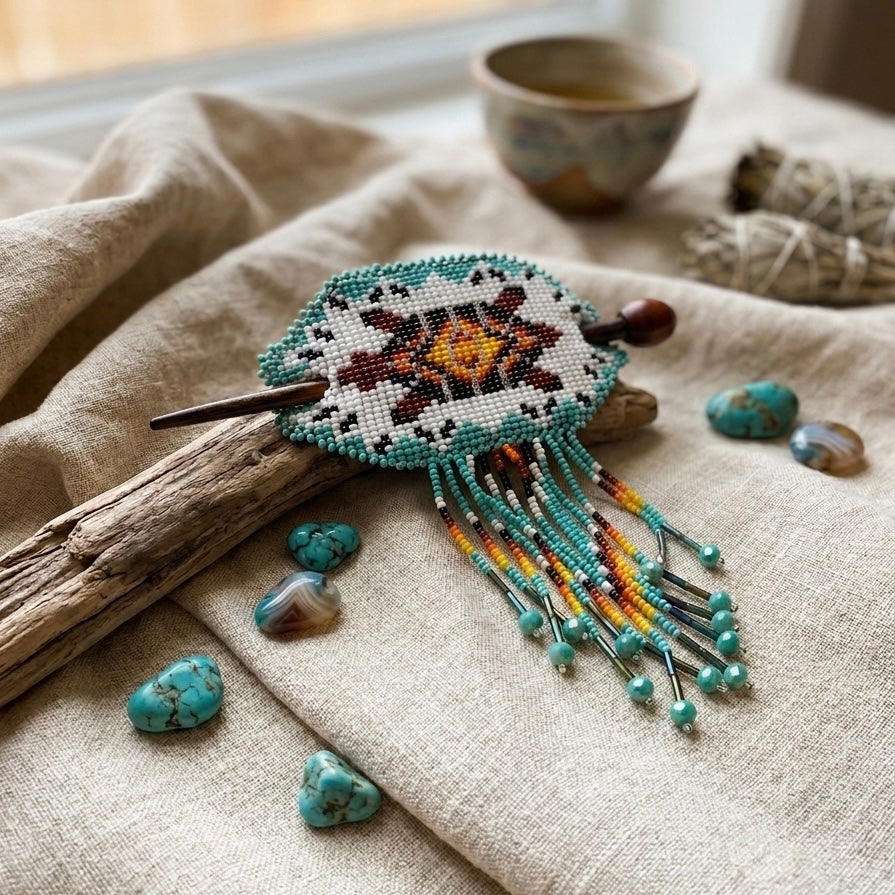 Barrette à franges perlées et tortue en bois