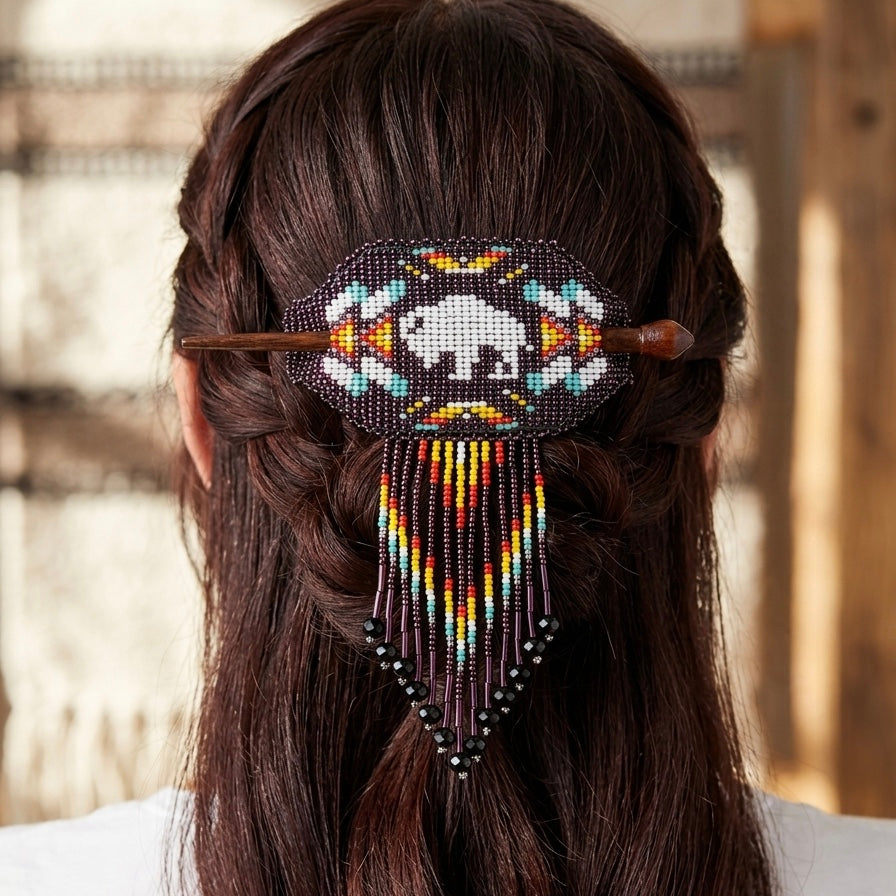 Barrette en bois et perles à franges "Buffalo"
