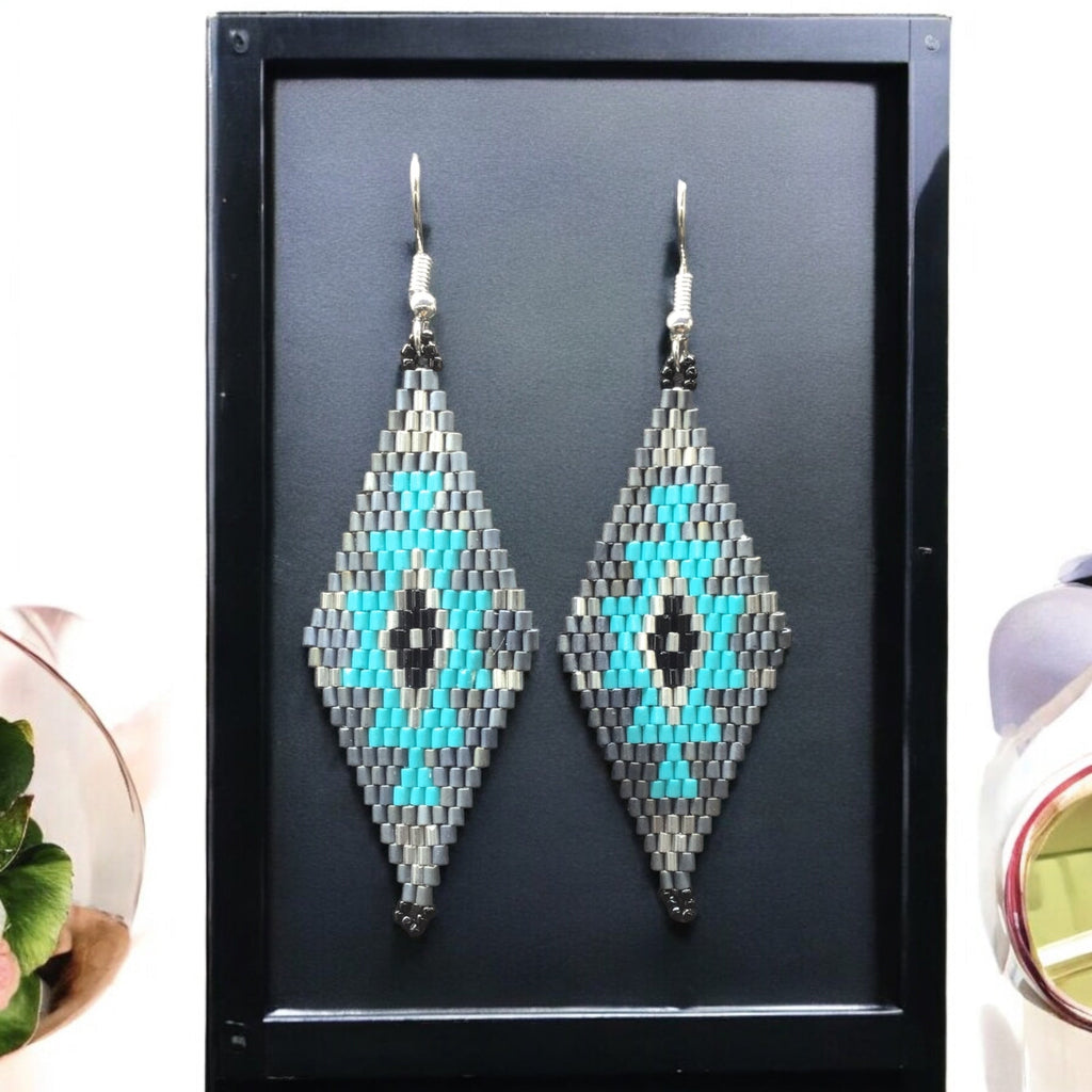 Boucles d'oreilles en perles de verre Miyuki gris et turquoise