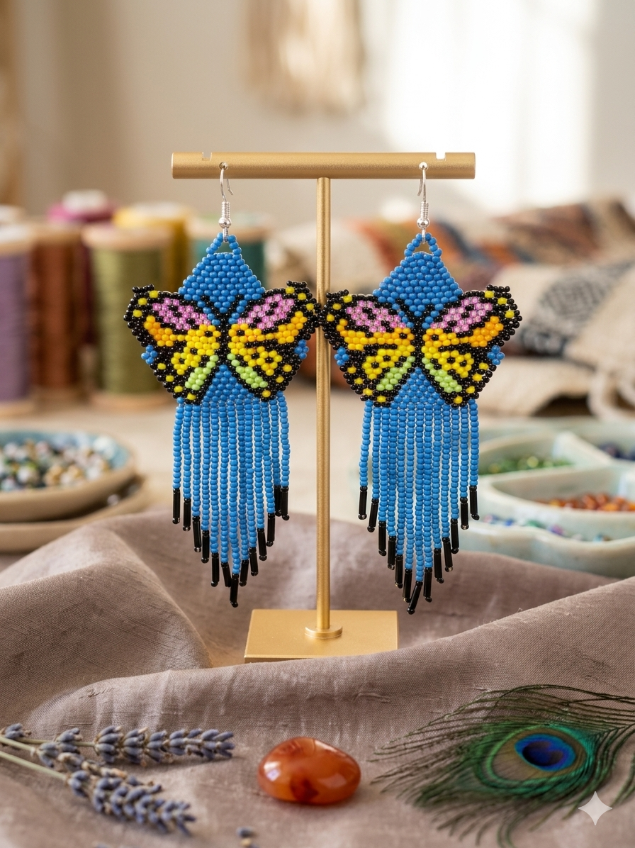 Boucles d'oreilles ailes dansantes en perles bleues