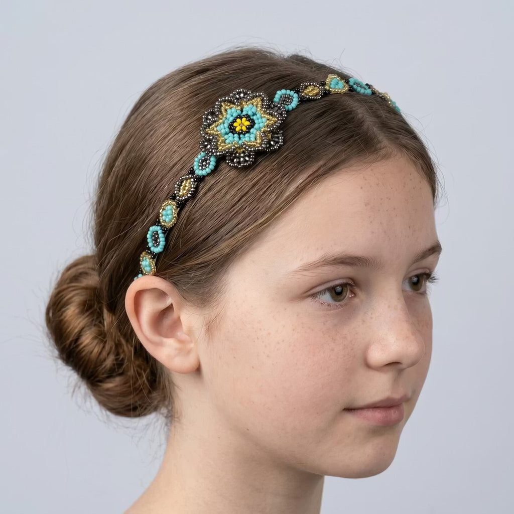 Serre-tête perlé avec fleur turquoise