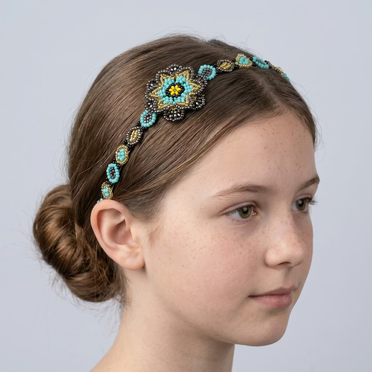 Serre-tête perlé avec fleur turquoise