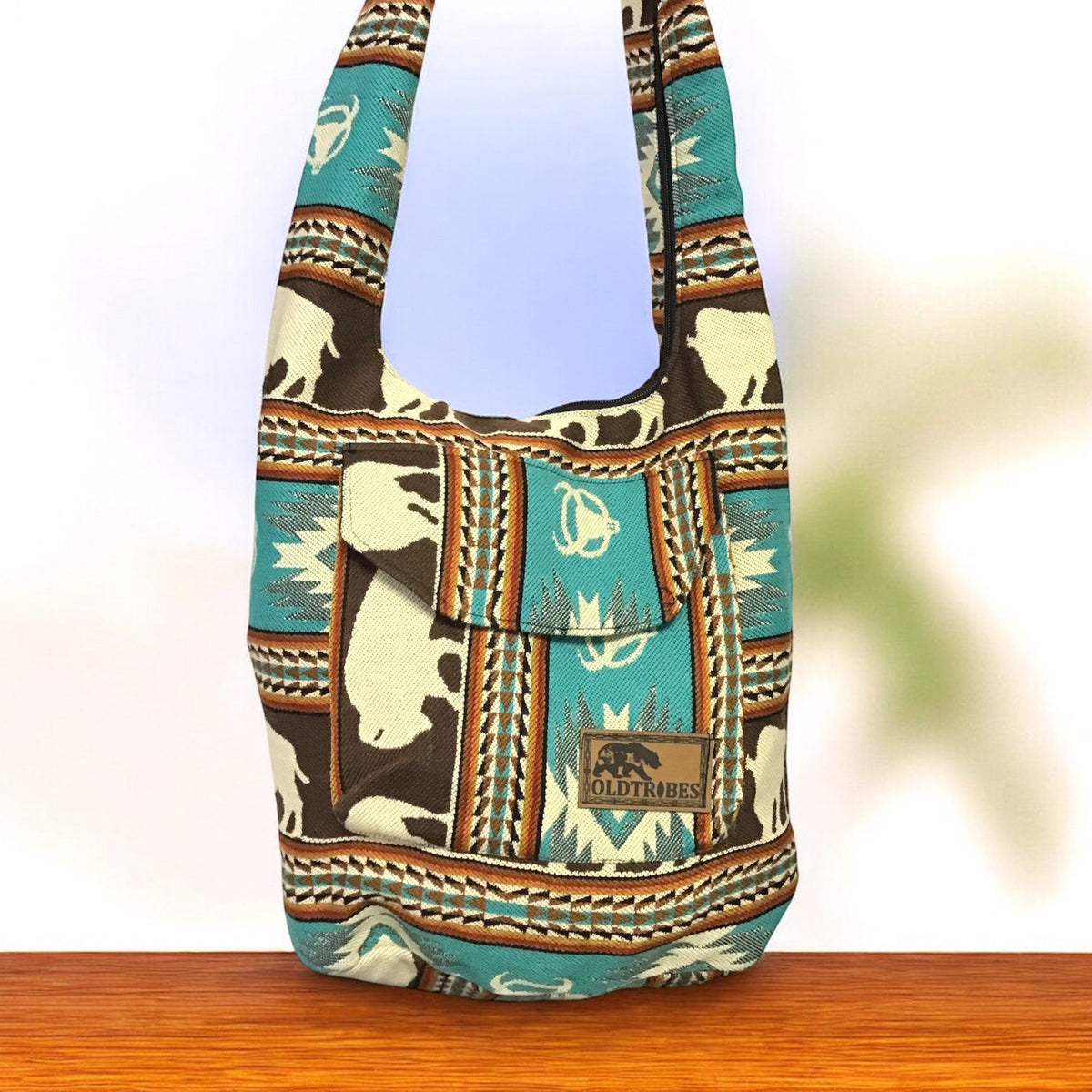 Sac bandoulière OLDTRIBES™ en cuir de buffle marron et turquoise