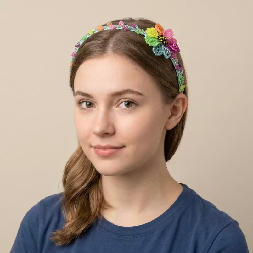 Serre-tête perlé avec fleur multicolore