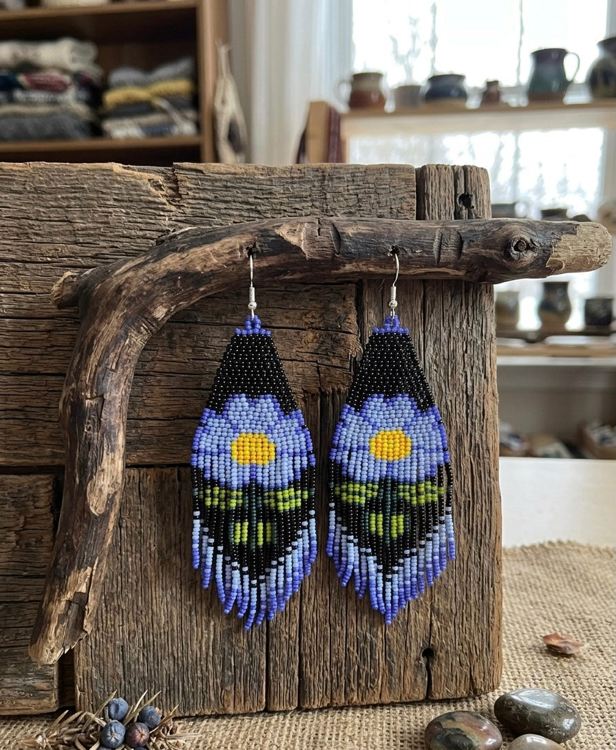 Boucles d'oreilles fleuries perlées (bleues)