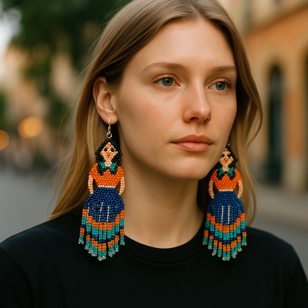 Boucles d'oreilles de danseuse jupe ruban perlée orange et bleue