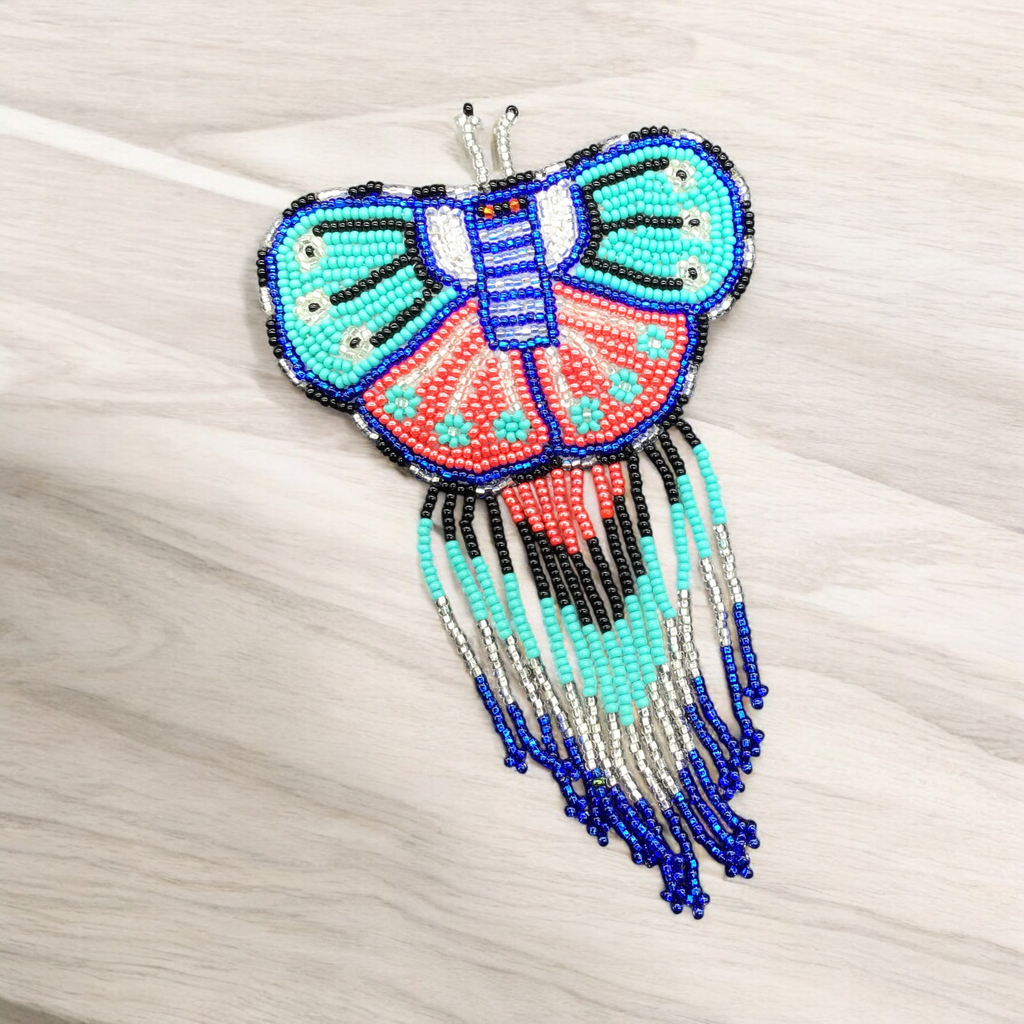 Barrettes Papillons Perles avec Franges Turquoise et Rouge