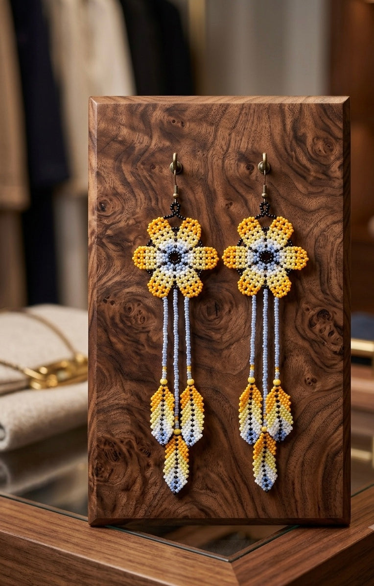 Sun Feather Bloom Beaded Earrings- Yellow