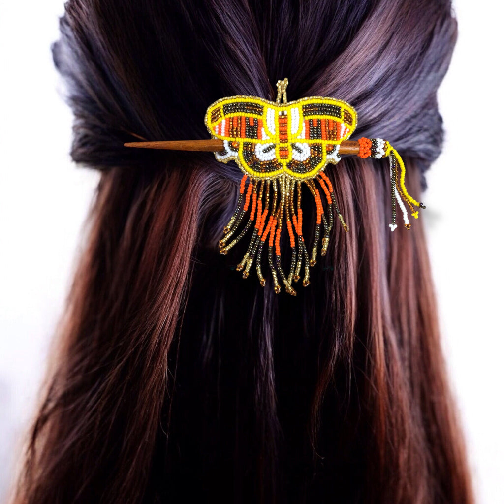 Red and Yellow Wooden Stick Butterfly Beaded Barrette with Fringes