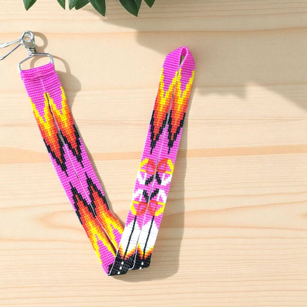 Pink feathers Native Beaded Lanyard