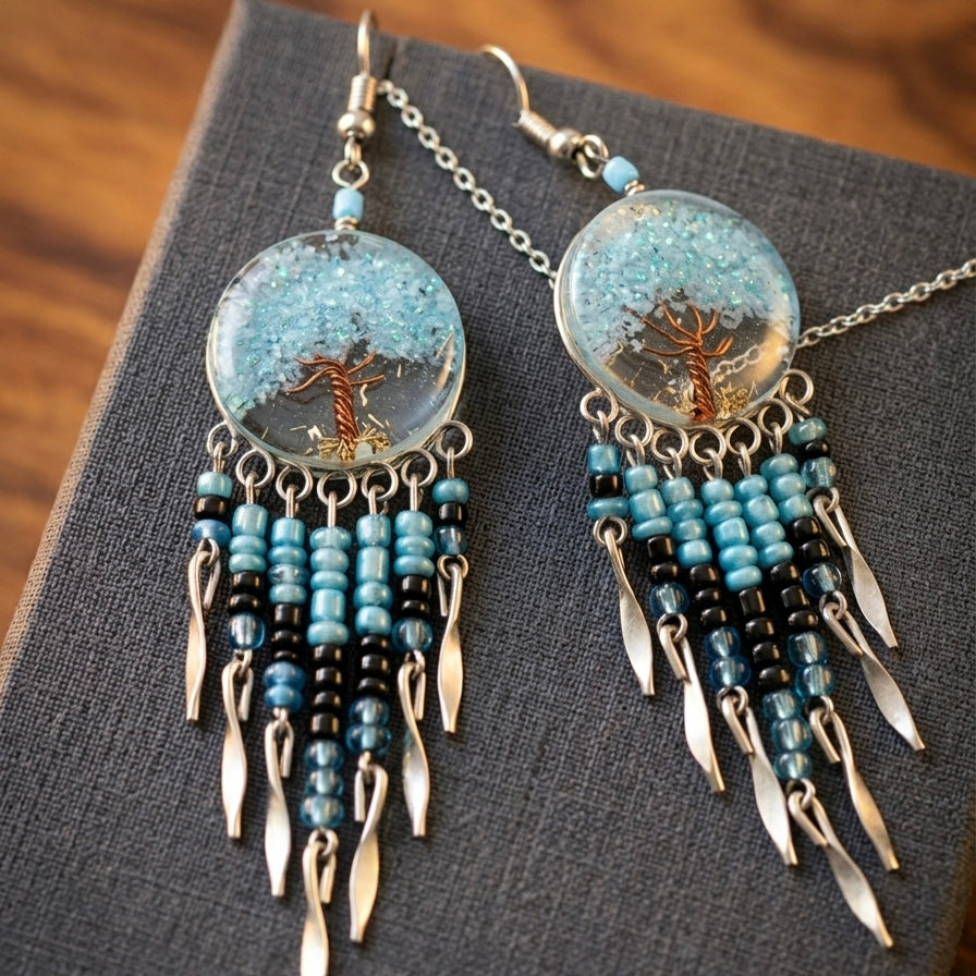 Boucles d'oreilles OLDTRIBES™ Arbre de vie, pépites de couleur céleste