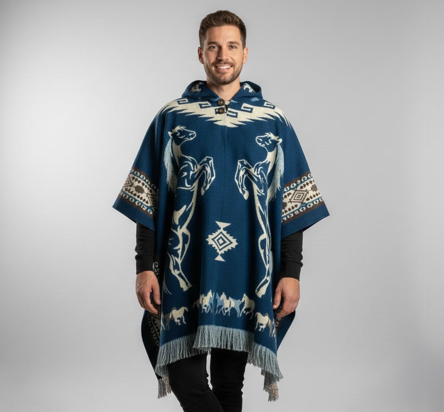 Poncho en Laine Fait Main Chevaux