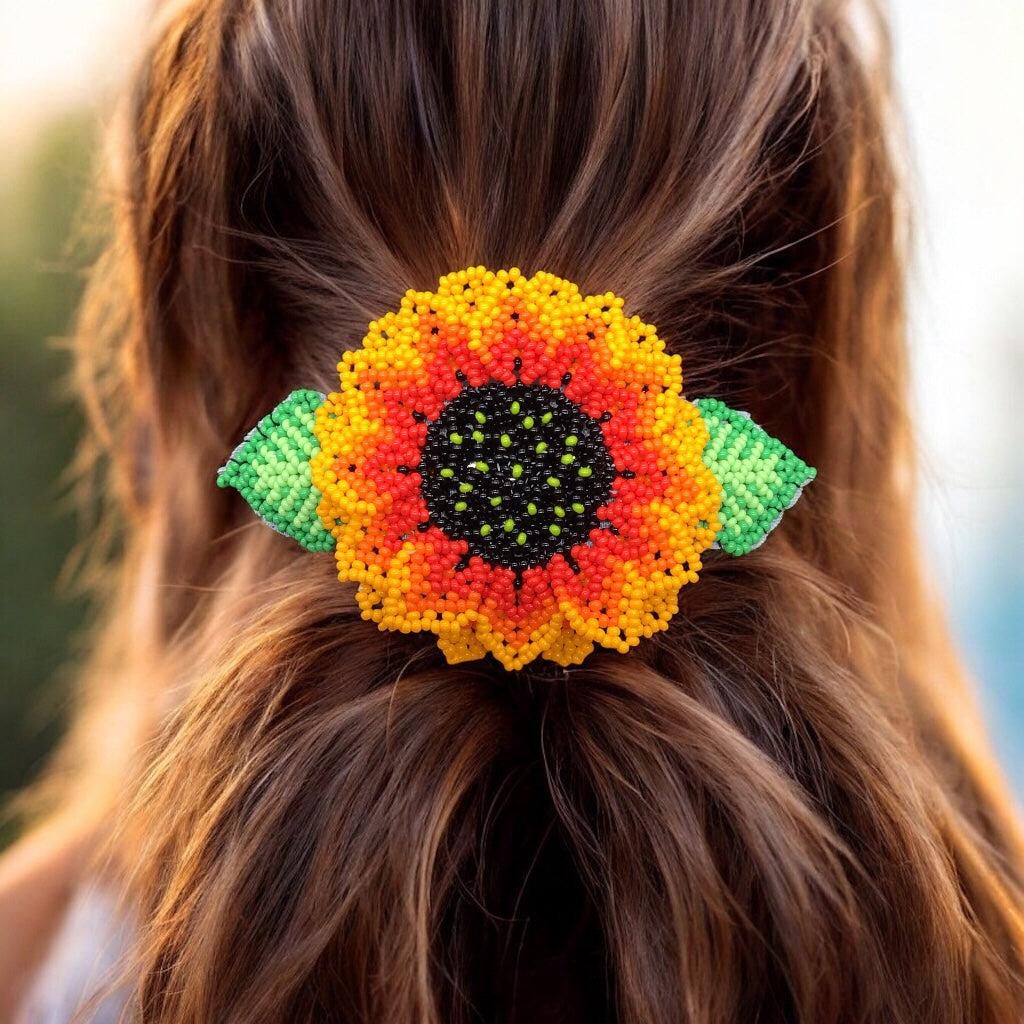 Pince à cheveux tournesol perlée faite à la main - Rouge vif
