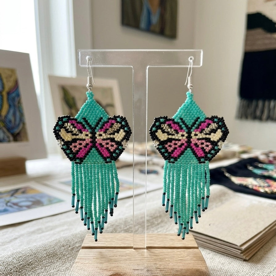 Boucles d'oreilles ailes dansantes perlées turquoise et roses