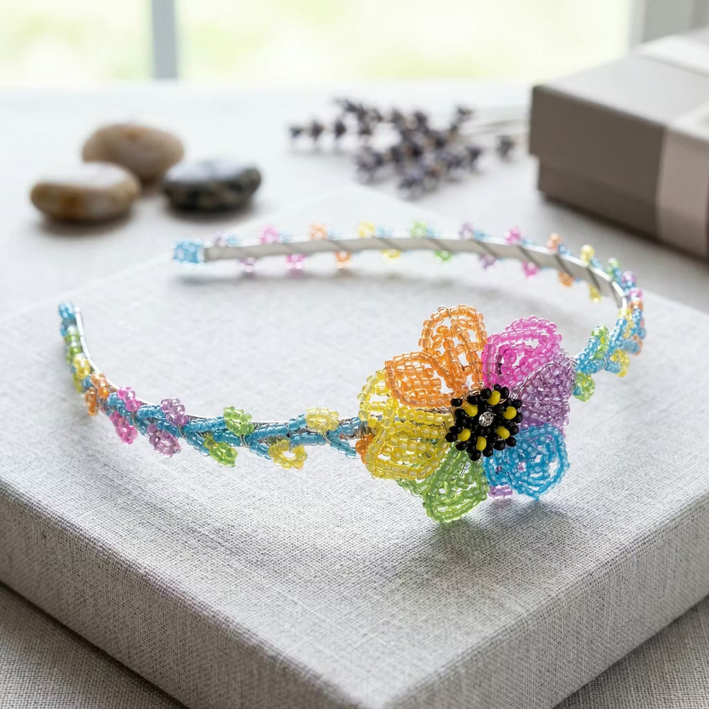 Serre-tête perlé avec fleur multicolore