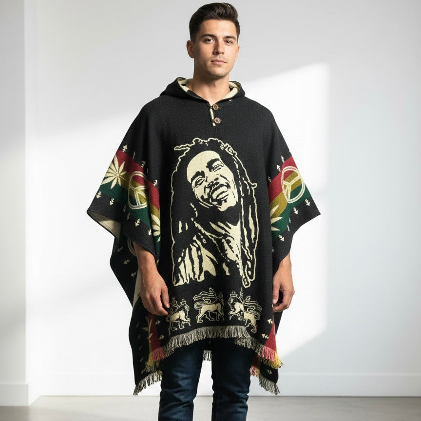 Poncho à Capuche Vintage Bob Marley Poncho en Laine Fait Main