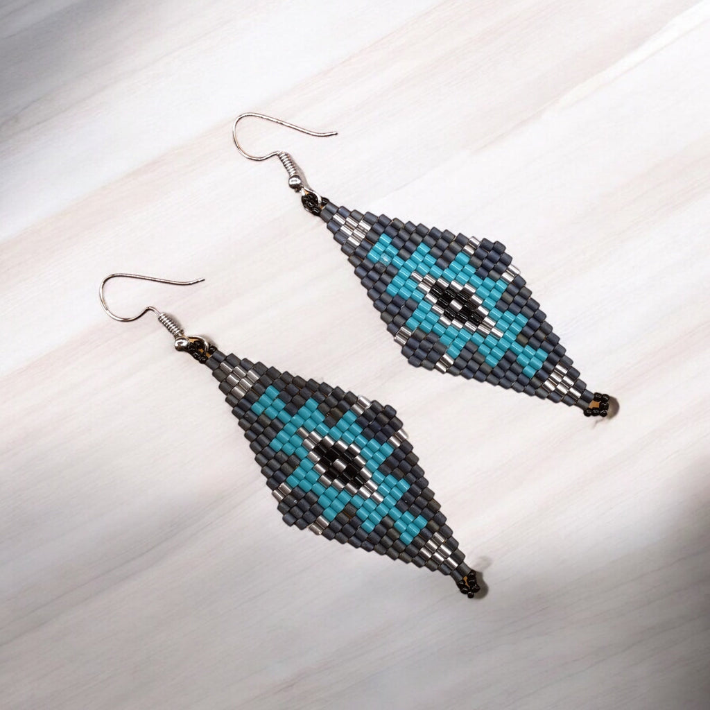 Boucles d'oreilles en perles de verre Miyuki gris et turquoise